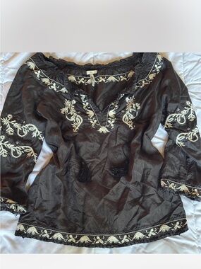 Joie Black Embroidered Silk Peasant Blouse with Tassel Tie